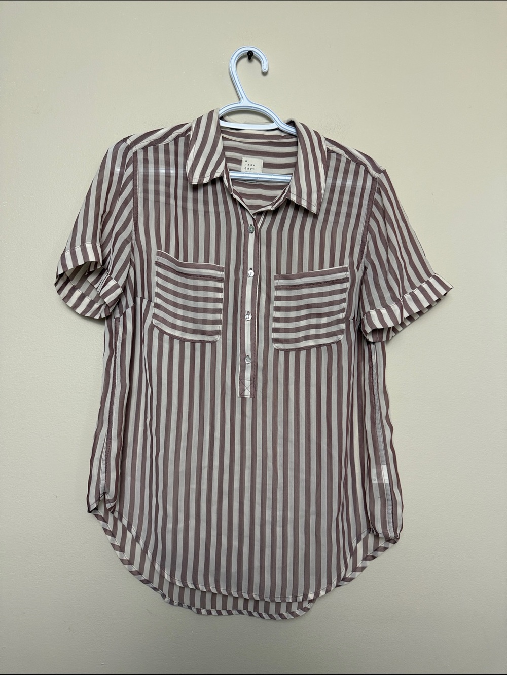 a new day Taupe and White Striped Short-Sleeve Button sheer Shirt size M
